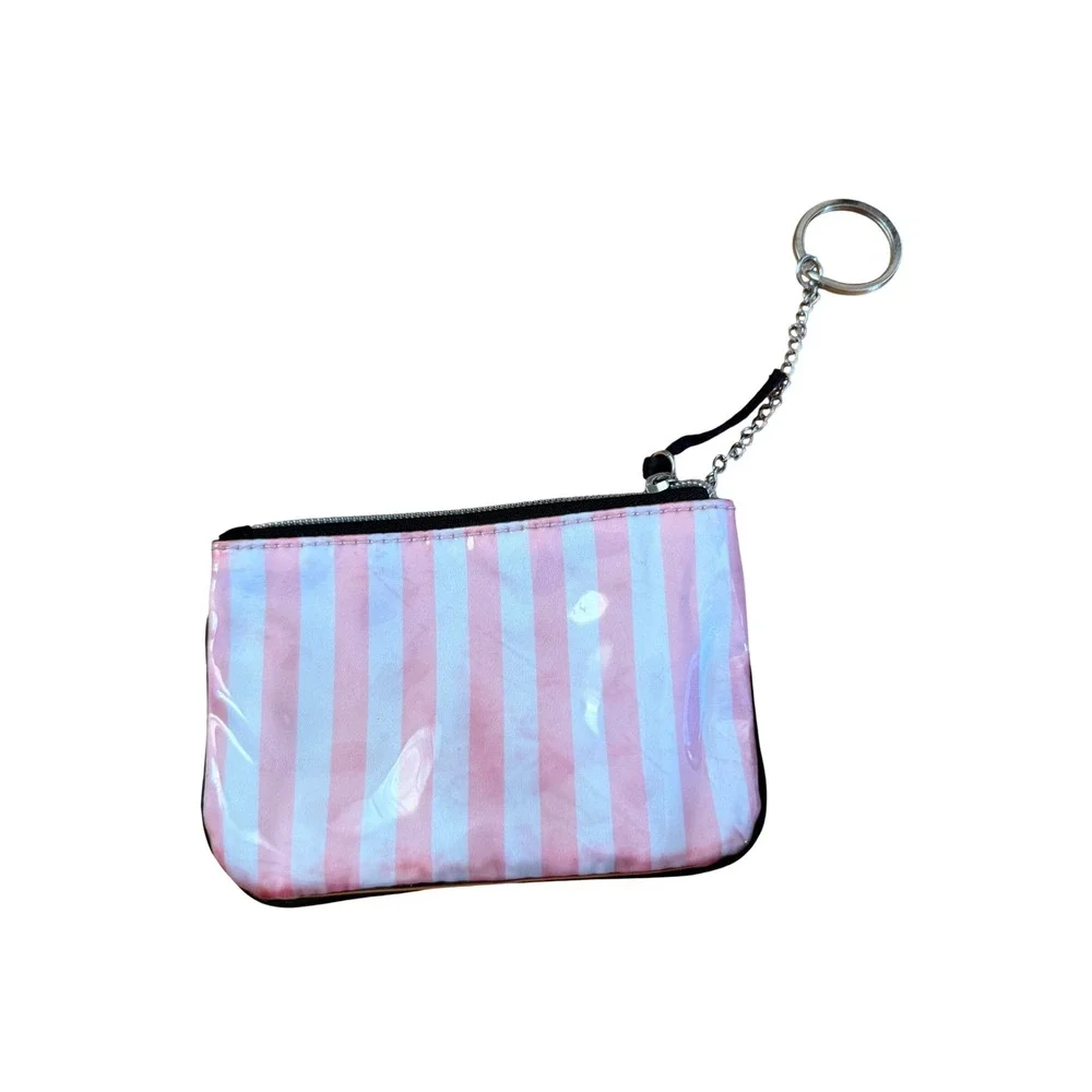Victorias Secret Pink White Stripe Coin Purse Keychain Wallet Zip Pouch - Picture 2 of 4
